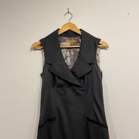 Ted Baker Vintage Grey Houndstooth Collared V-Neck Pencil Knee Length Dress 2 - Picture 5 of 6